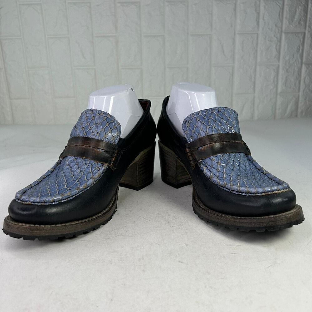 Freebird By Steven Bristol Blue Snake Leather Bootie US 9 High Heel Slip-On Shoe - Picture 5 of 10